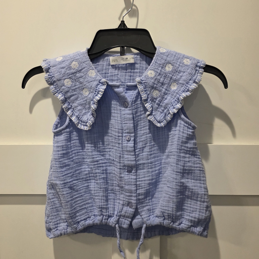 Zara Kids Girl Sleeveless Blue Gauze Embroidered Collar Cottagecore Button Tie 9
